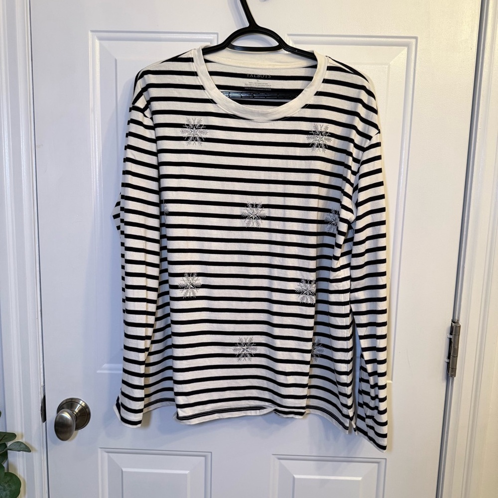 Talbots Black and White Striped Long Sleeve Tee with Embroidered Snowflakes
